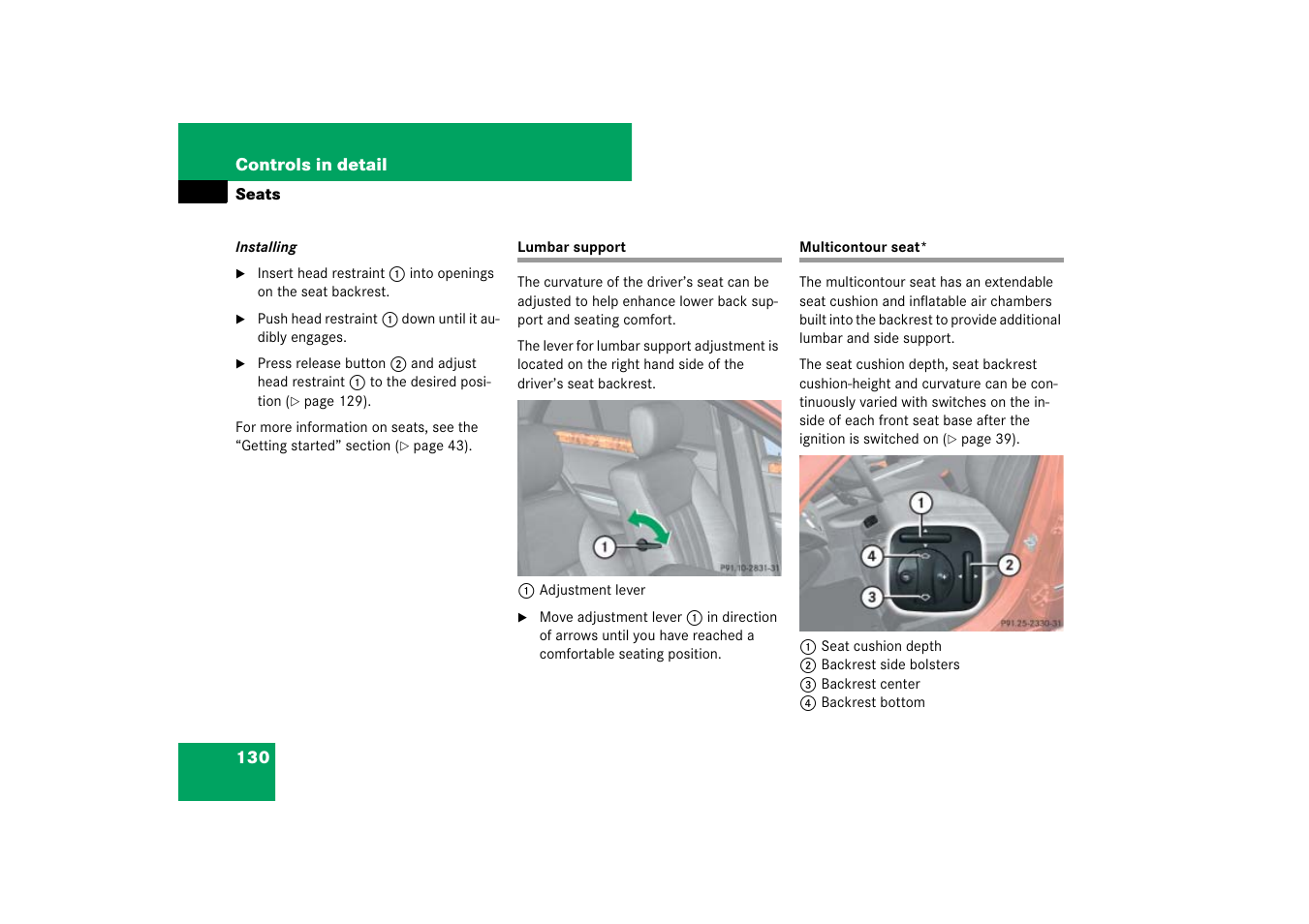 Lumbar support, Backrest:seat, multicontour, Lumbar support multicontour seat | Mercedes-Benz M-Class 2007 Owners Manual User Manual | Page 131 / 585