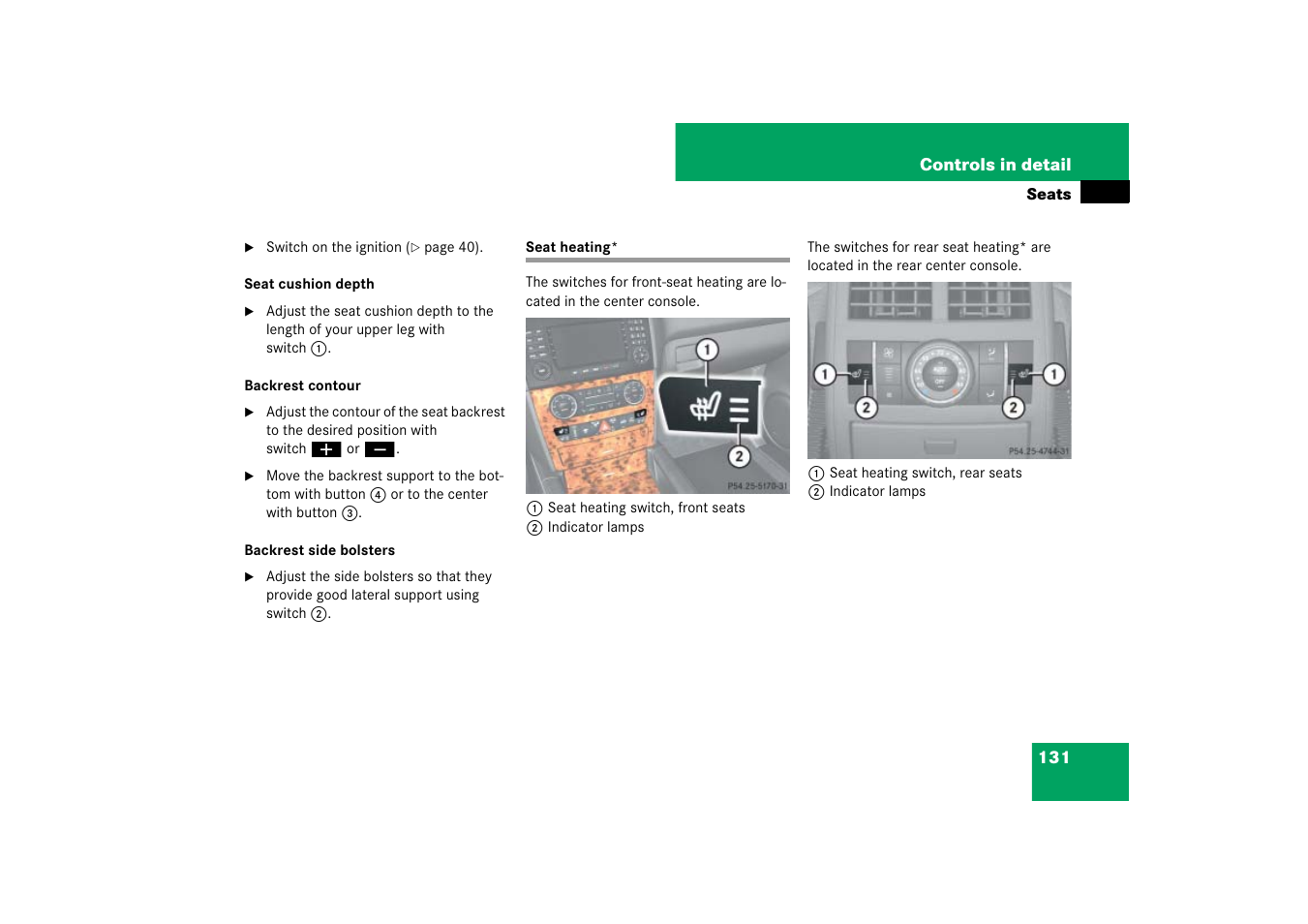 Seats:heating, Seat heating | Mercedes-Benz M-Class 2007 Owners Manual User Manual | Page 132 / 585