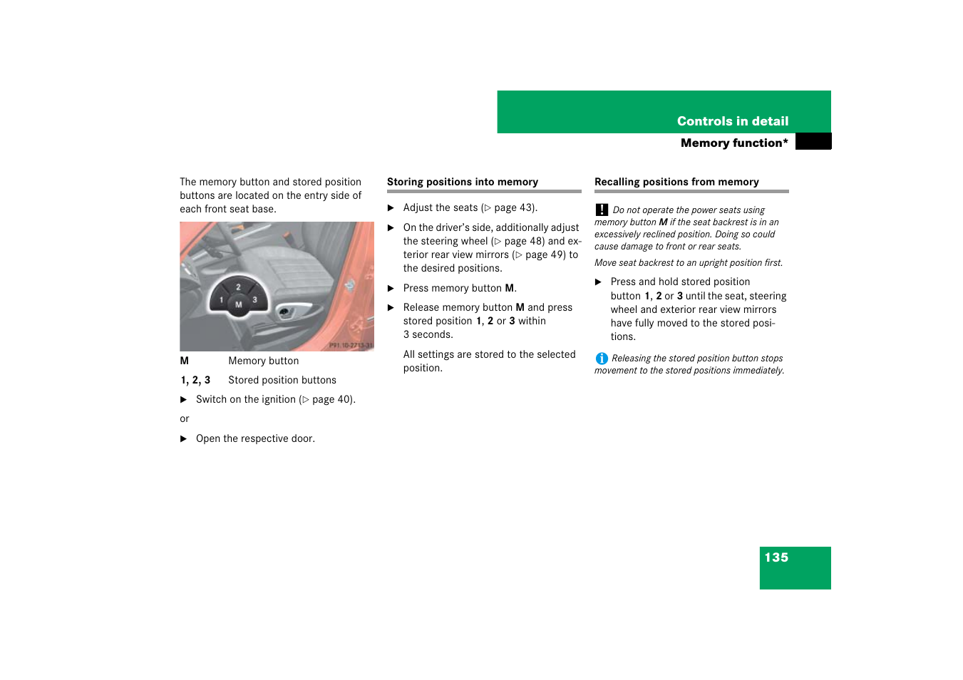 Storing positions into memory | Mercedes-Benz M-Class 2007 Owners Manual User Manual | Page 136 / 585