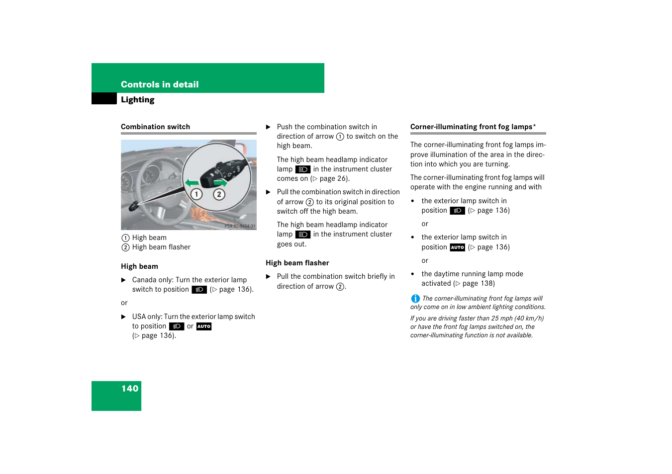 Combination switch, Corner-illuminating front fog lamps | Mercedes-Benz M-Class 2007 Owners Manual User Manual | Page 141 / 585