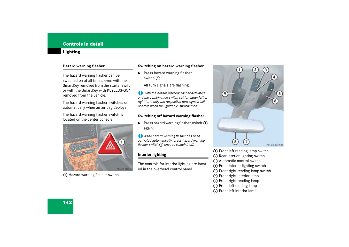 Emergency, in case of:hazard warning flasher, Interior lighting, Hazard warning flasher interior lighting | Mercedes-Benz M-Class 2007 Owners Manual User Manual | Page 143 / 585