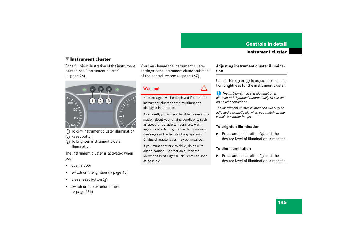 Instrument cluster, Instrument cluster:illumination brightness, Adjusting instrument cluster illumination | Mercedes-Benz M-Class 2007 Owners Manual User Manual | Page 146 / 585