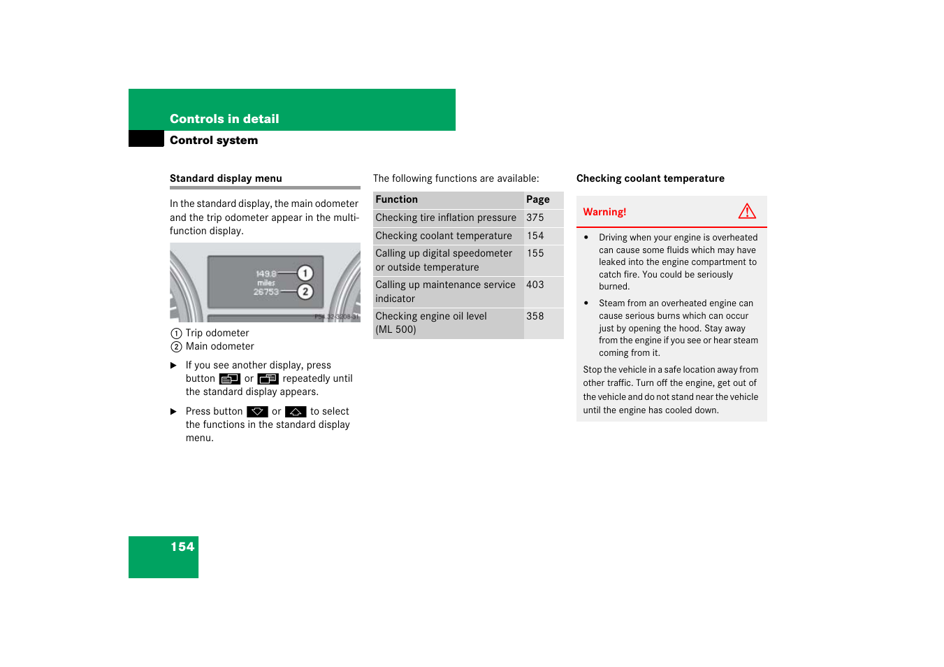 Control system menus:standard display, Standard display menu | Mercedes-Benz M-Class 2007 Owners Manual User Manual | Page 155 / 585