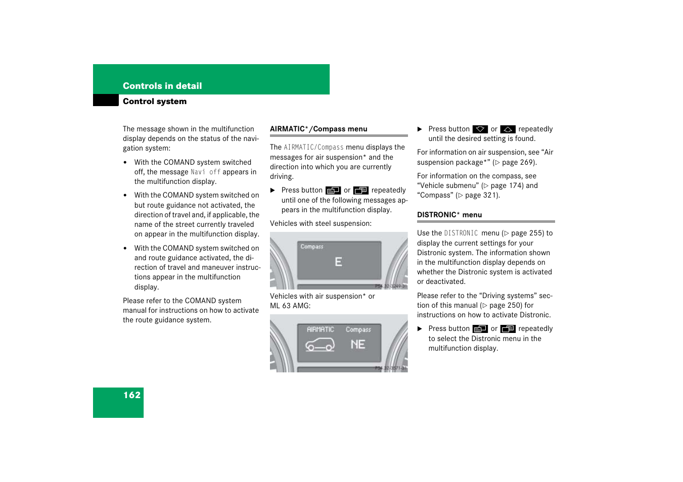 Control system menus:airmatic*/compass, Control system menus:distronic, Airmatic*/compass menu distronic* menu | Mercedes-Benz M-Class 2007 Owners Manual User Manual | Page 163 / 585