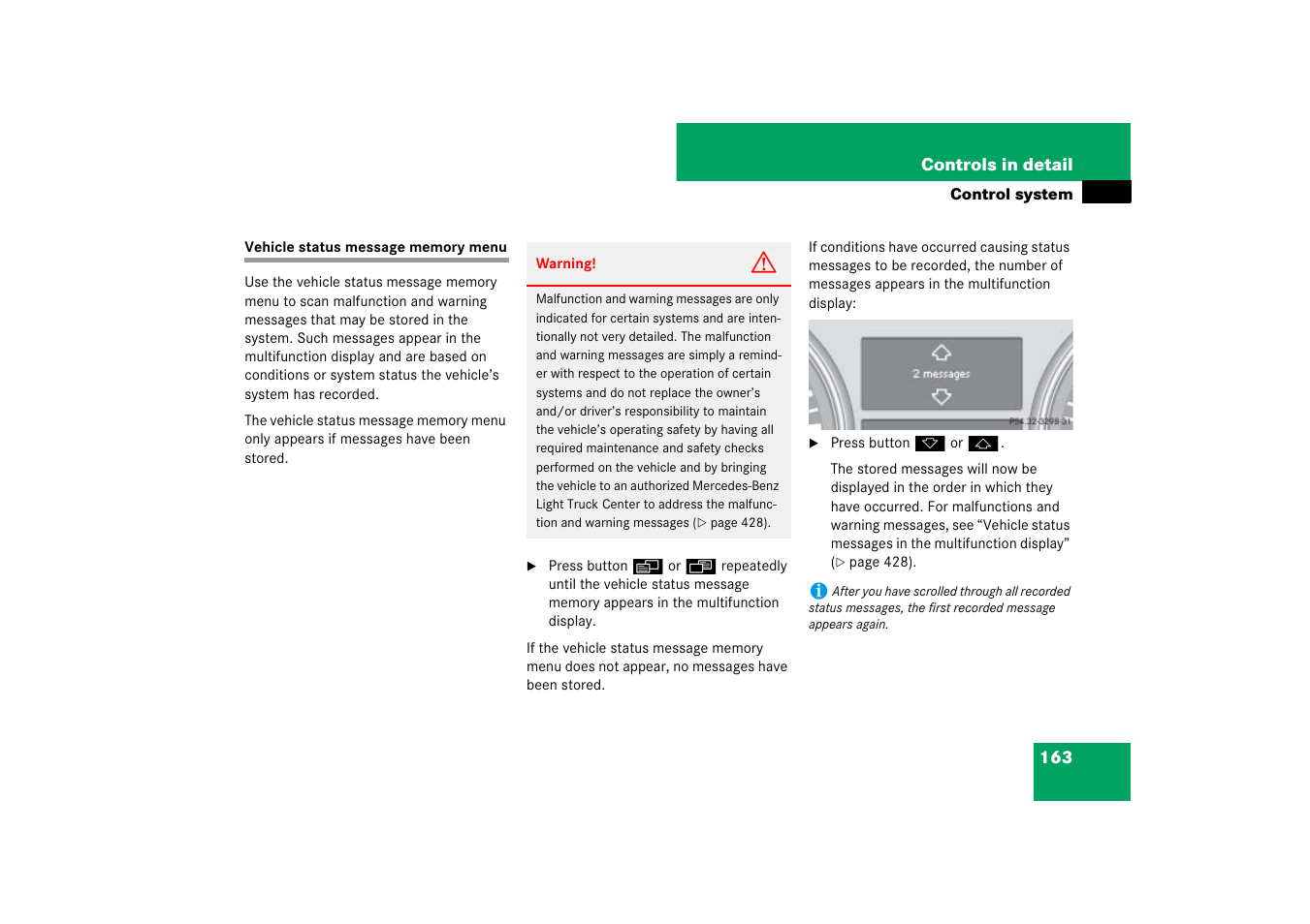 Control system menus:vehicle status message memory, Vehicle status message memory menu | Mercedes-Benz M-Class 2007 Owners Manual User Manual | Page 164 / 585
