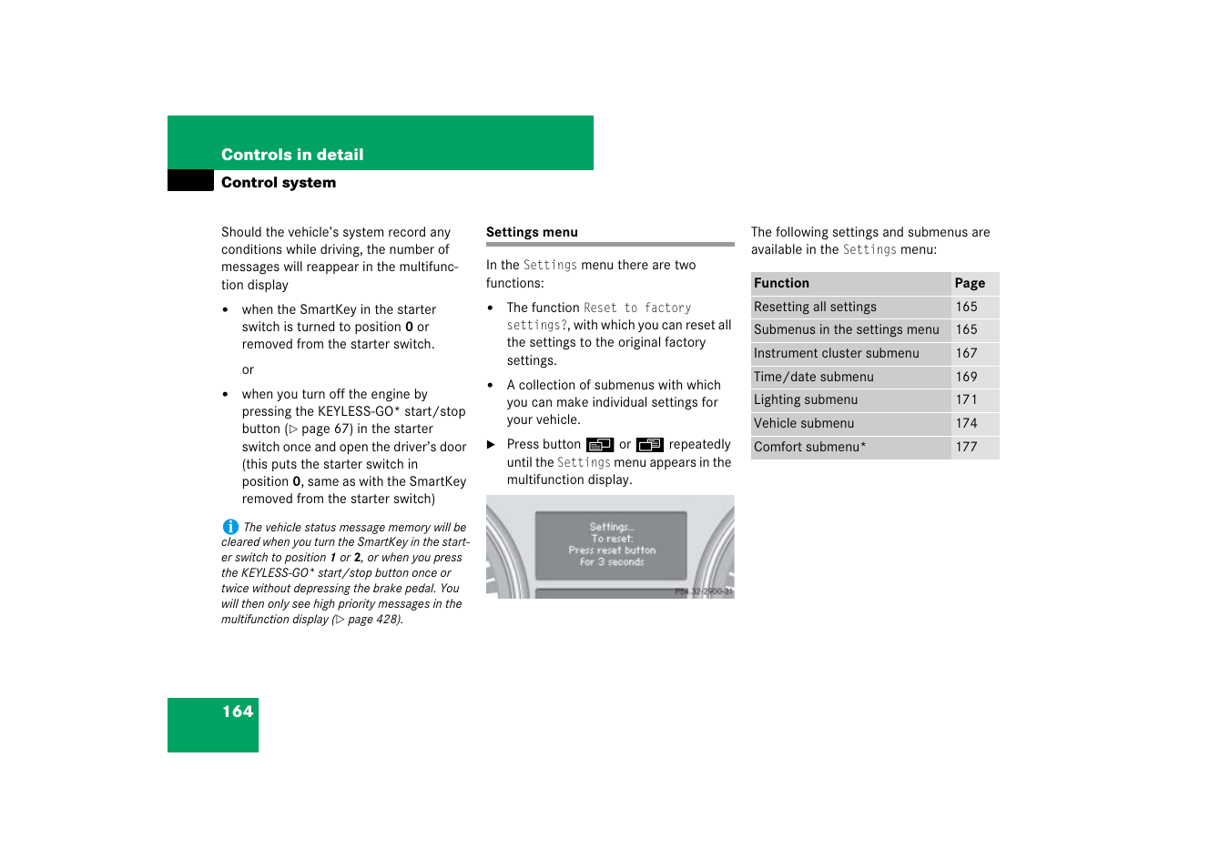 Control system menus:settings, Settings menu | Mercedes-Benz M-Class 2007 Owners Manual User Manual | Page 165 / 585