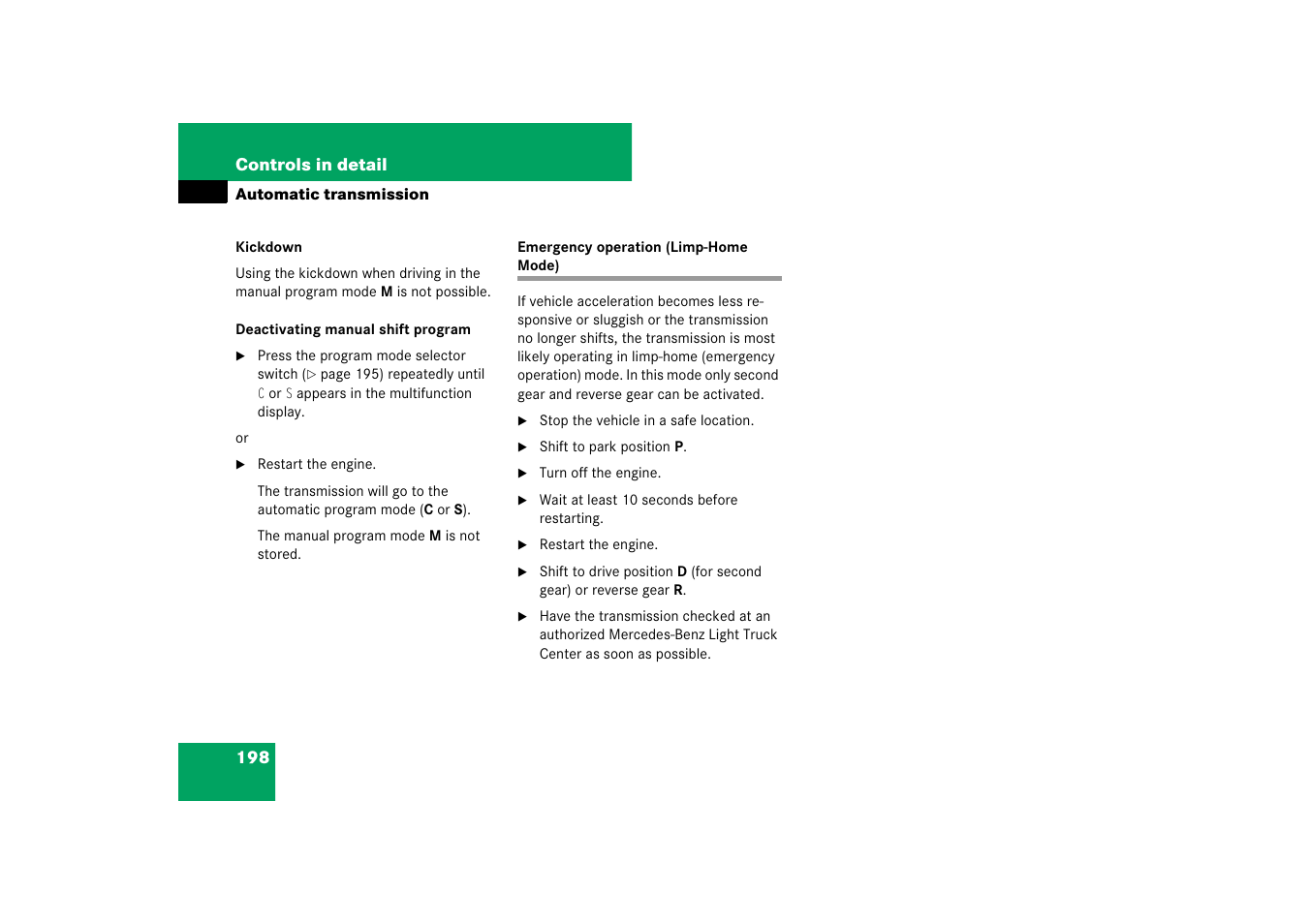 Automatic transmission:gear shifting malfunctions, Emergency operation (limp-home mode) | Mercedes-Benz M-Class 2007 Owners Manual User Manual | Page 199 / 585