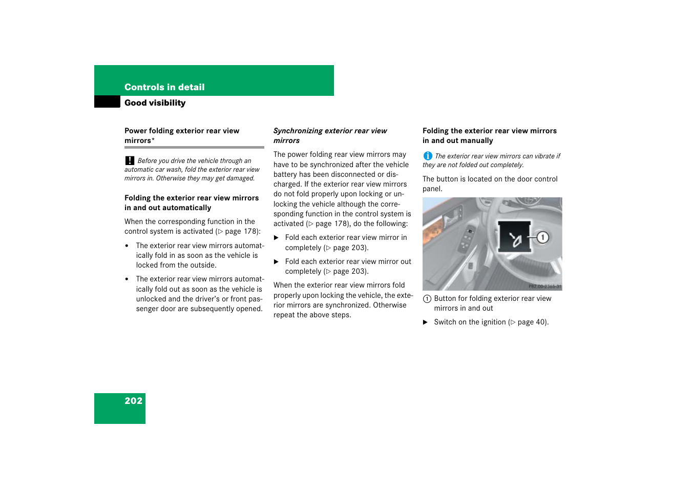 Parking position*:exterior rear view mirrors, Power folding exterior rear view mirrors | Mercedes-Benz M-Class 2007 Owners Manual User Manual | Page 203 / 585