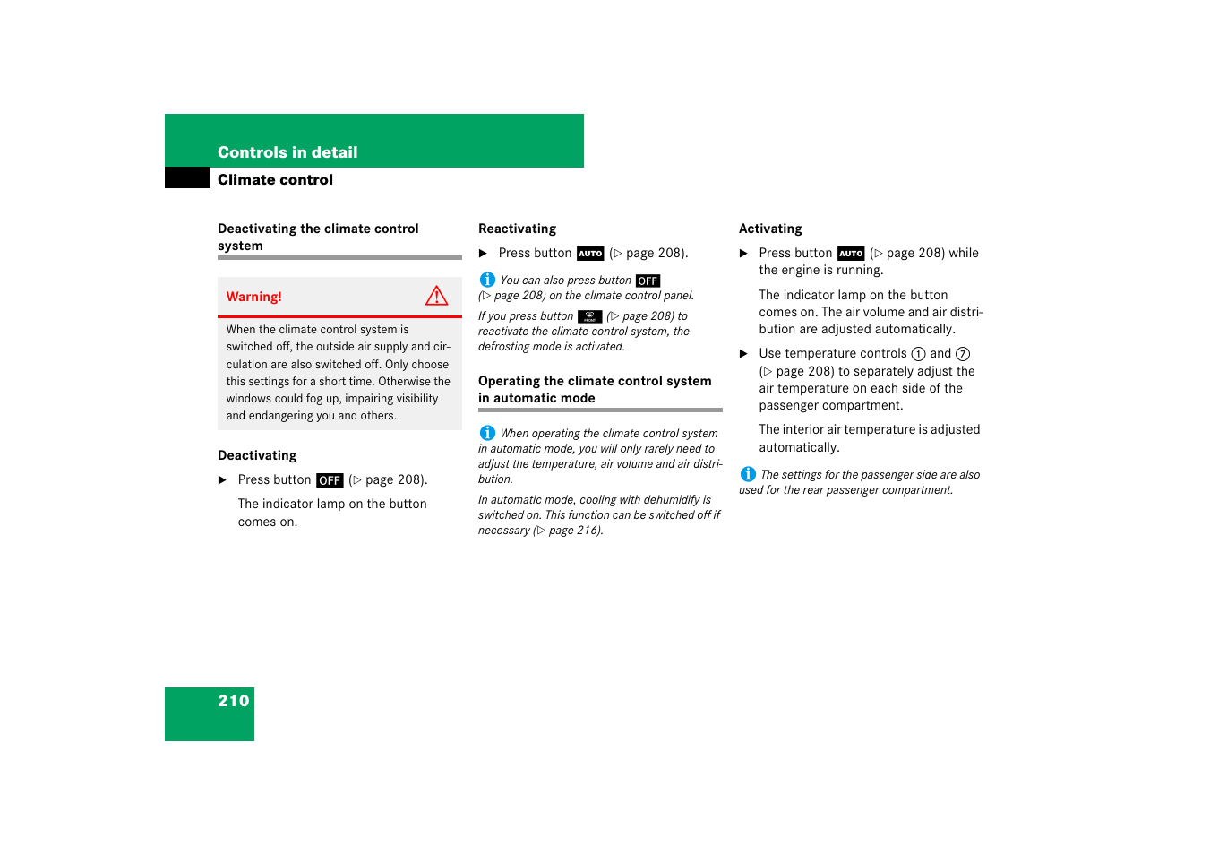 Climate control: deactivating system | Mercedes-Benz M-Class 2007 Owners Manual User Manual | Page 211 / 585