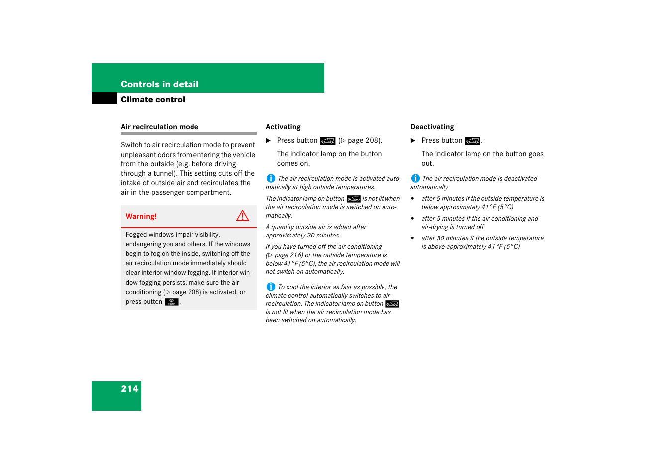 Air recirculation mode | Mercedes-Benz M-Class 2007 Owners Manual User Manual | Page 215 / 585