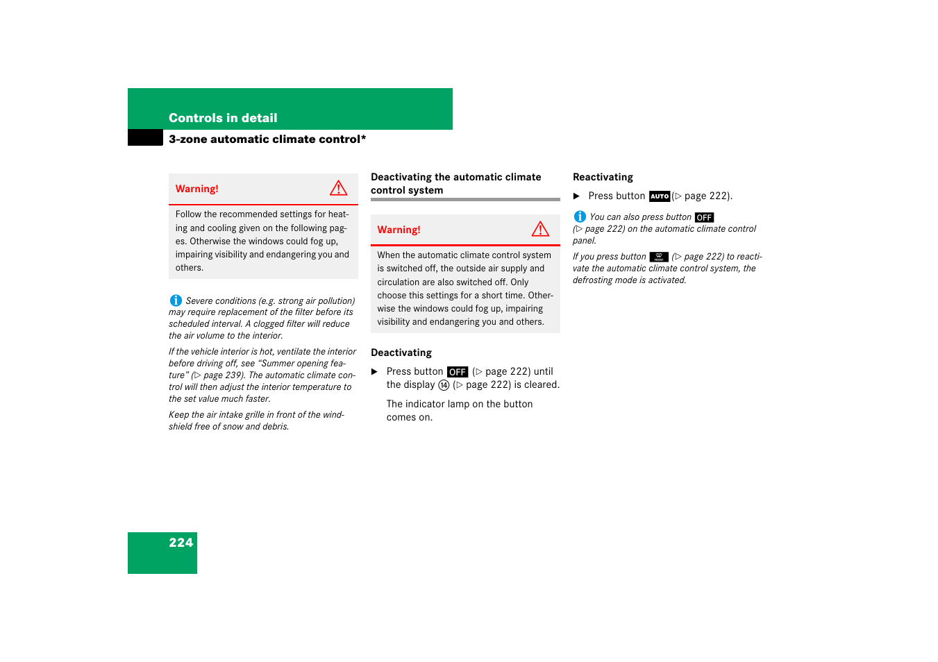 Deactivating the automatic climate control system | Mercedes-Benz M-Class 2007 Owners Manual User Manual | Page 225 / 585