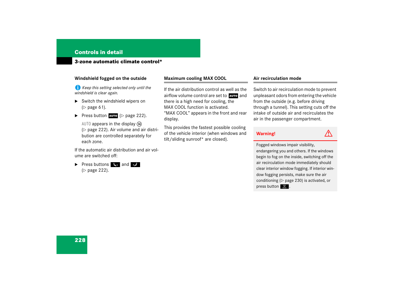 Air recirculation mode, Maximum cooling max cool air recirculation mode | Mercedes-Benz M-Class 2007 Owners Manual User Manual | Page 229 / 585