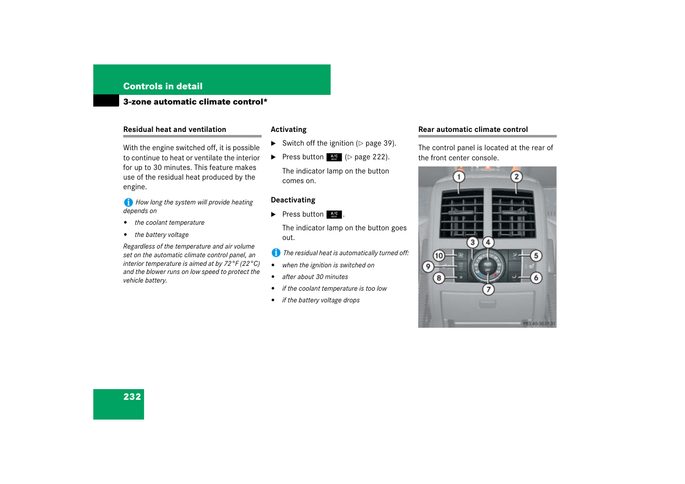 Residual heat and ventilation, Rear automatic climate control | Mercedes-Benz M-Class 2007 Owners Manual User Manual | Page 233 / 585