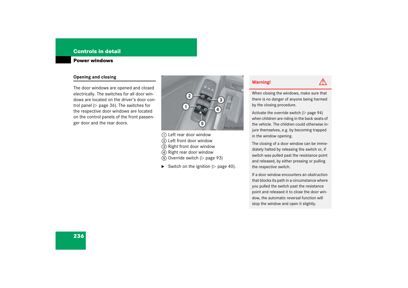Power windows, Power windows:door windows, Opening and closing | Mercedes-Benz M-Class 2007 Owners Manual User Manual | Page 237 / 585