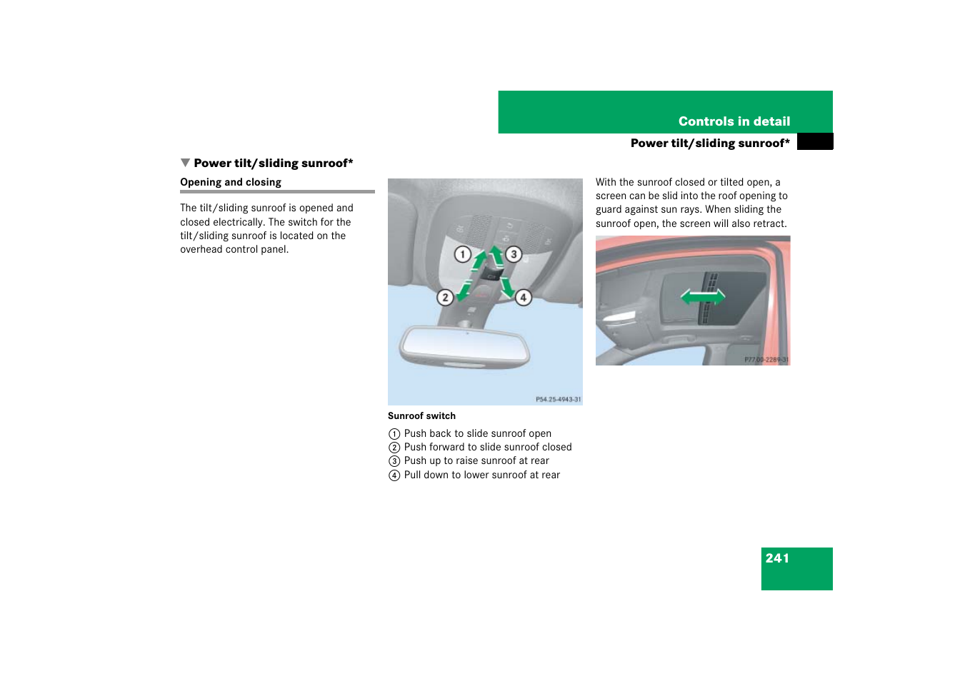 Power tilt/sliding sunroof, Opening and closing | Mercedes-Benz M-Class 2007 Owners Manual User Manual | Page 242 / 585
