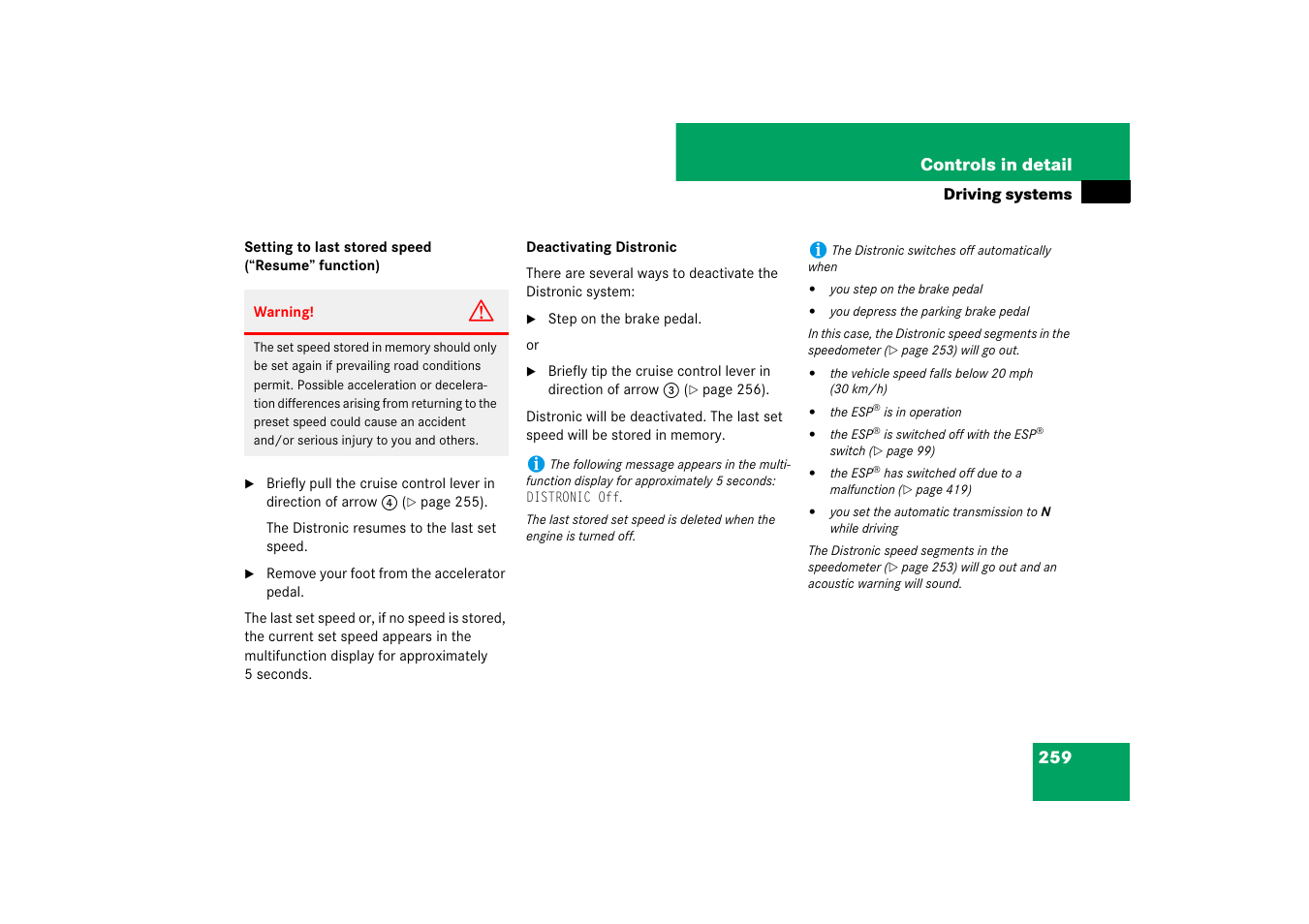 See “deactivating distronic | Mercedes-Benz M-Class 2007 Owners Manual User Manual | Page 260 / 585
