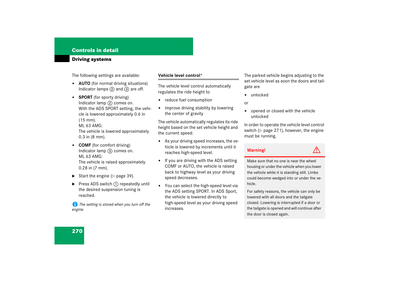 Air suspension package*:vehicle level control, Vehicle level control | Mercedes-Benz M-Class 2007 Owners Manual User Manual | Page 271 / 585