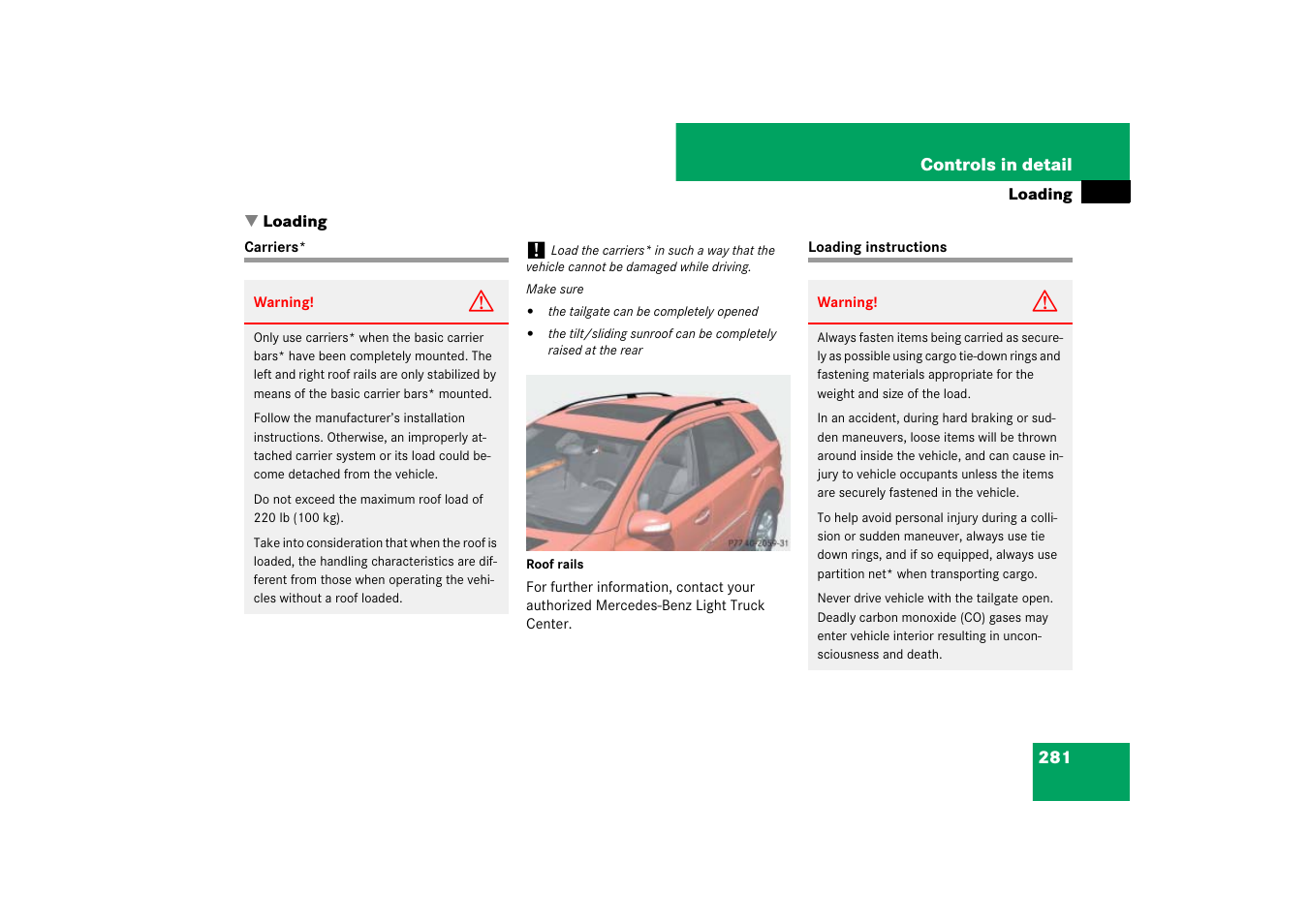 Loading, Vehicle loading:loading instructions, Carriers* loading instructions | On seats, see “load- ing | Mercedes-Benz M-Class 2007 Owners Manual User Manual | Page 282 / 585