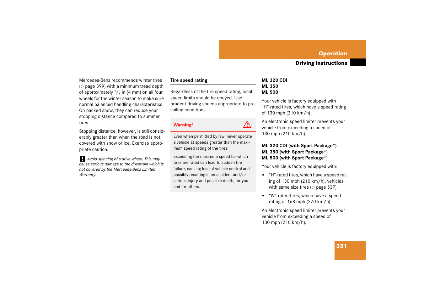 Tires:speed rating, Tire speed rating | Mercedes-Benz M-Class 2007 Owners Manual User Manual | Page 332 / 585