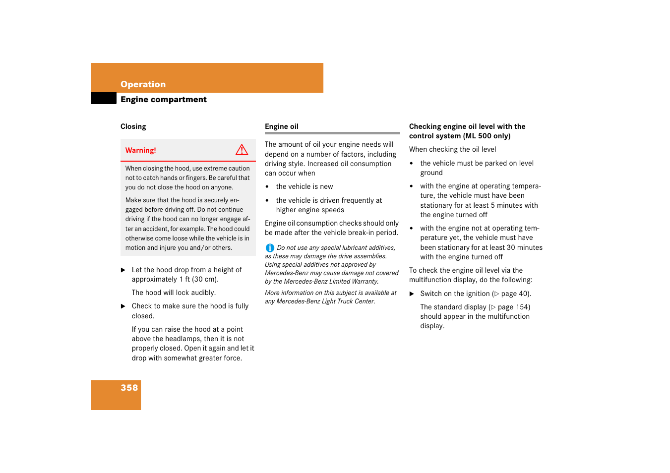 Fluids:engine oil, Engine oil, See “engine oil | Mercedes-Benz M-Class 2007 Owners Manual User Manual | Page 359 / 585