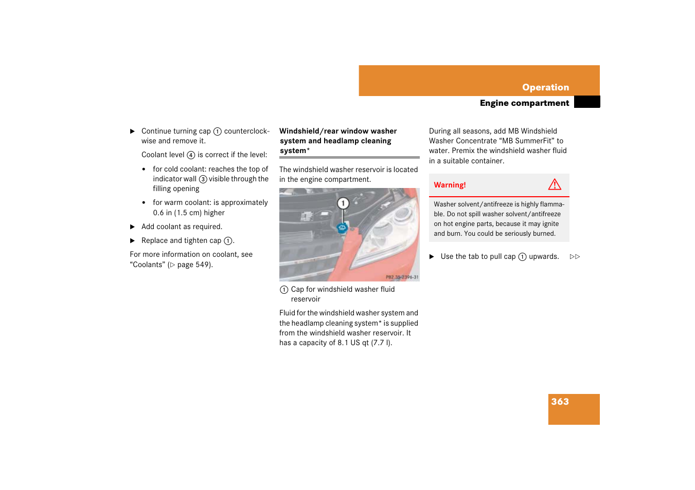 Windshield washer fluid:refilling, System | Mercedes-Benz M-Class 2007 Owners Manual User Manual | Page 364 / 585