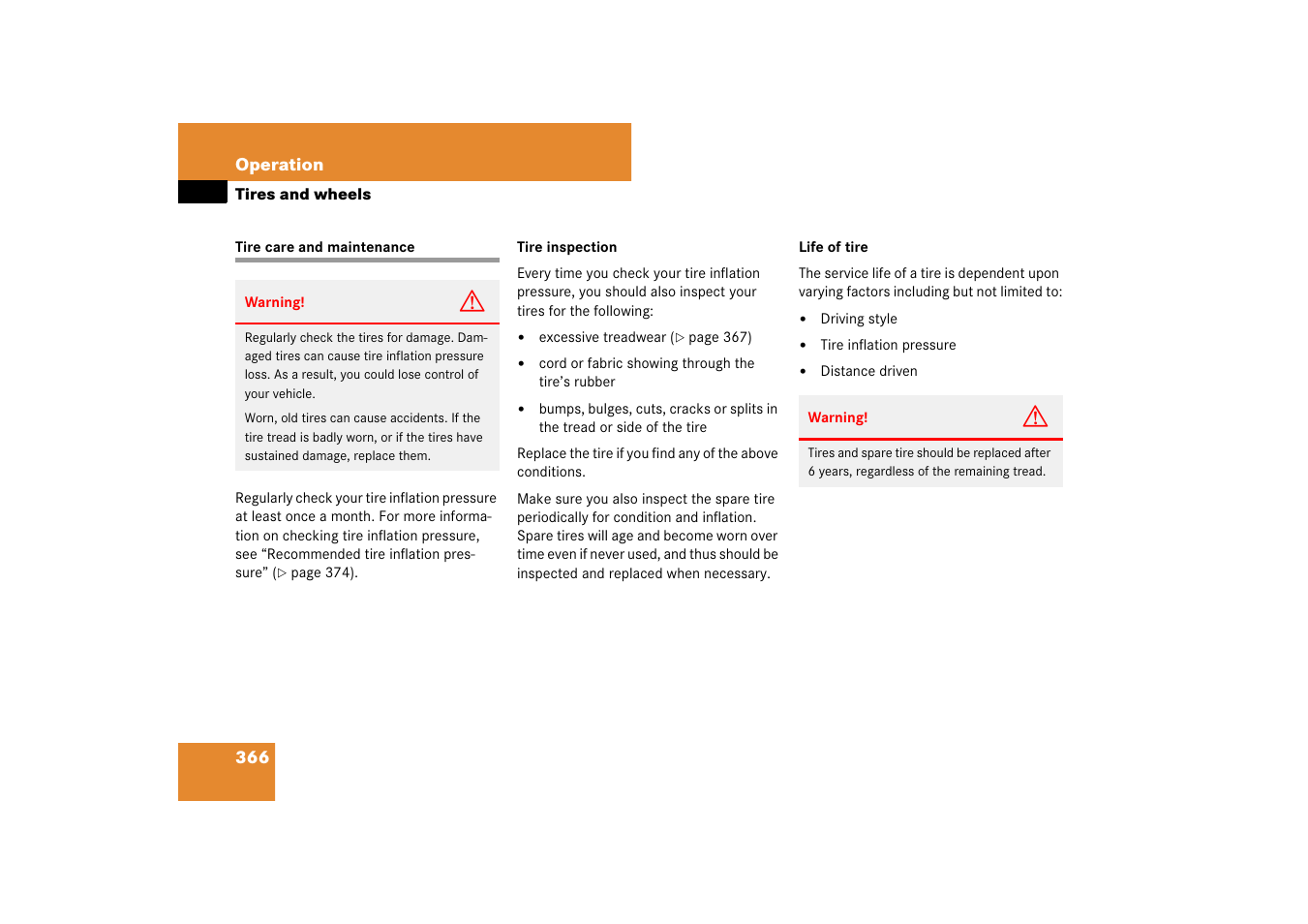 Tires:care and maintenance, Tire care and maintenance | Mercedes-Benz M-Class 2007 Owners Manual User Manual | Page 367 / 585