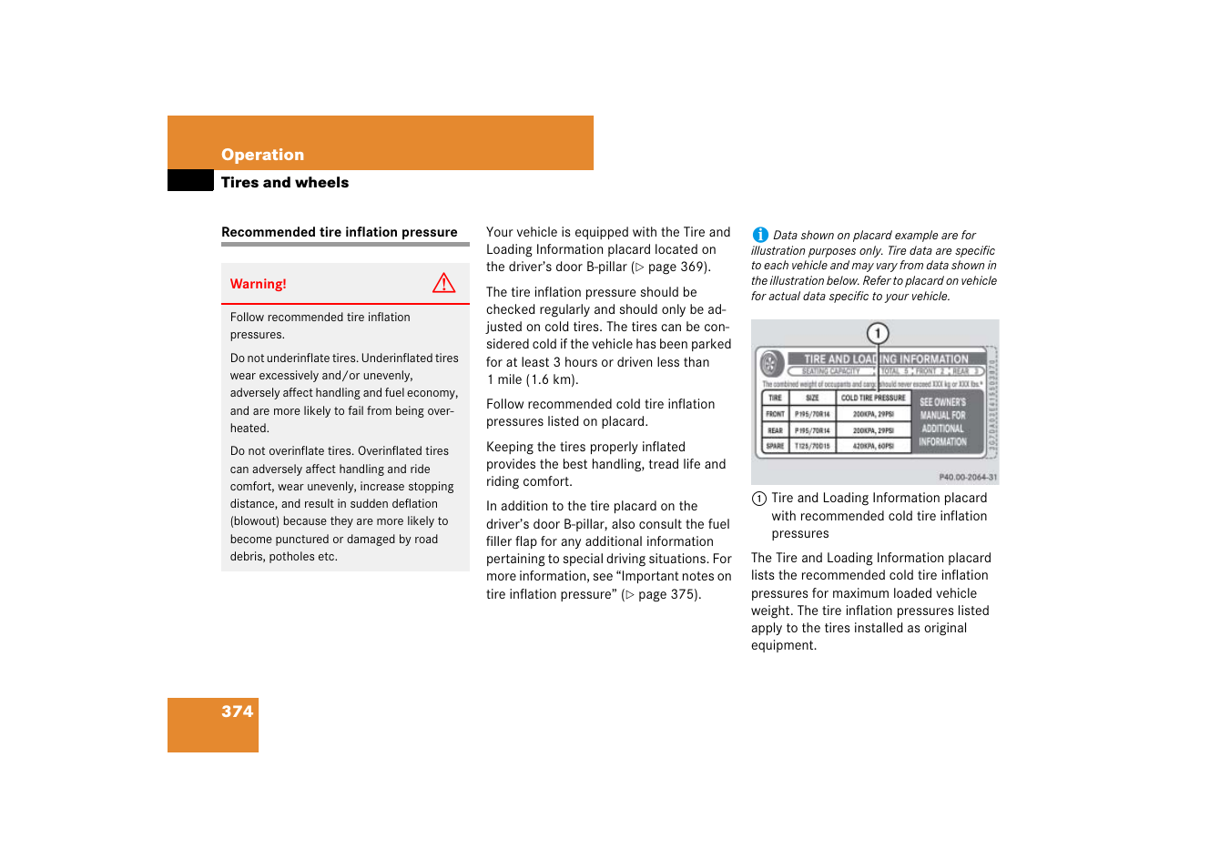 Tires:inflation pressure, Recommended tire inflation pressure, See “recommended tire inflation pres- sure | Mercedes-Benz M-Class 2007 Owners Manual User Manual | Page 375 / 585