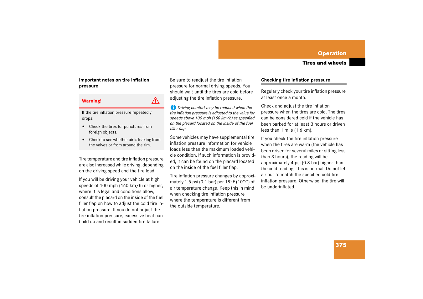 Tires:inflation pressure, Checking tire inflation pressure, Pressure | See “checking tire inflation pressure | Mercedes-Benz M-Class 2007 Owners Manual User Manual | Page 376 / 585