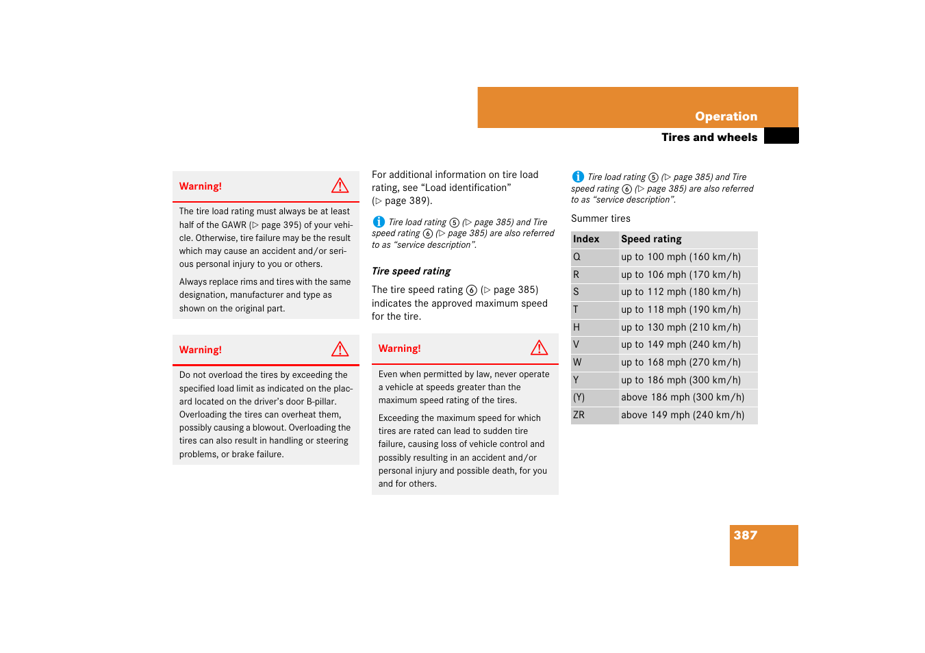 See “tire speed rating | Mercedes-Benz M-Class 2007 Owners Manual User Manual | Page 388 / 585