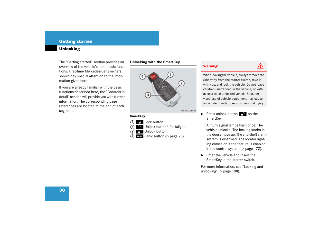 Door:locking/unlocking, smartkey, Key, smartkey:locking/unlocking, Unlocking | Unlocking with the smartkey | Mercedes-Benz M-Class 2007 Owners Manual User Manual | Page 39 / 585