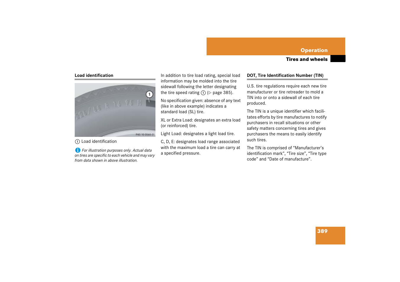 Load identification, Dot, tire identification number (tin), See “load identification | Mercedes-Benz M-Class 2007 Owners Manual User Manual | Page 390 / 585
