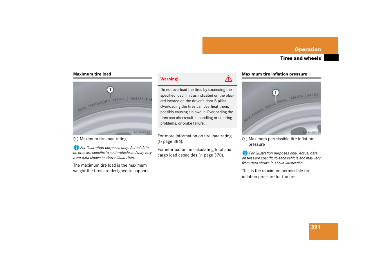 Maximum tire load, Maximum tire pressure, Maximum tire load maximum tire inflation pressure | Mercedes-Benz M-Class 2007 Owners Manual User Manual | Page 392 / 585