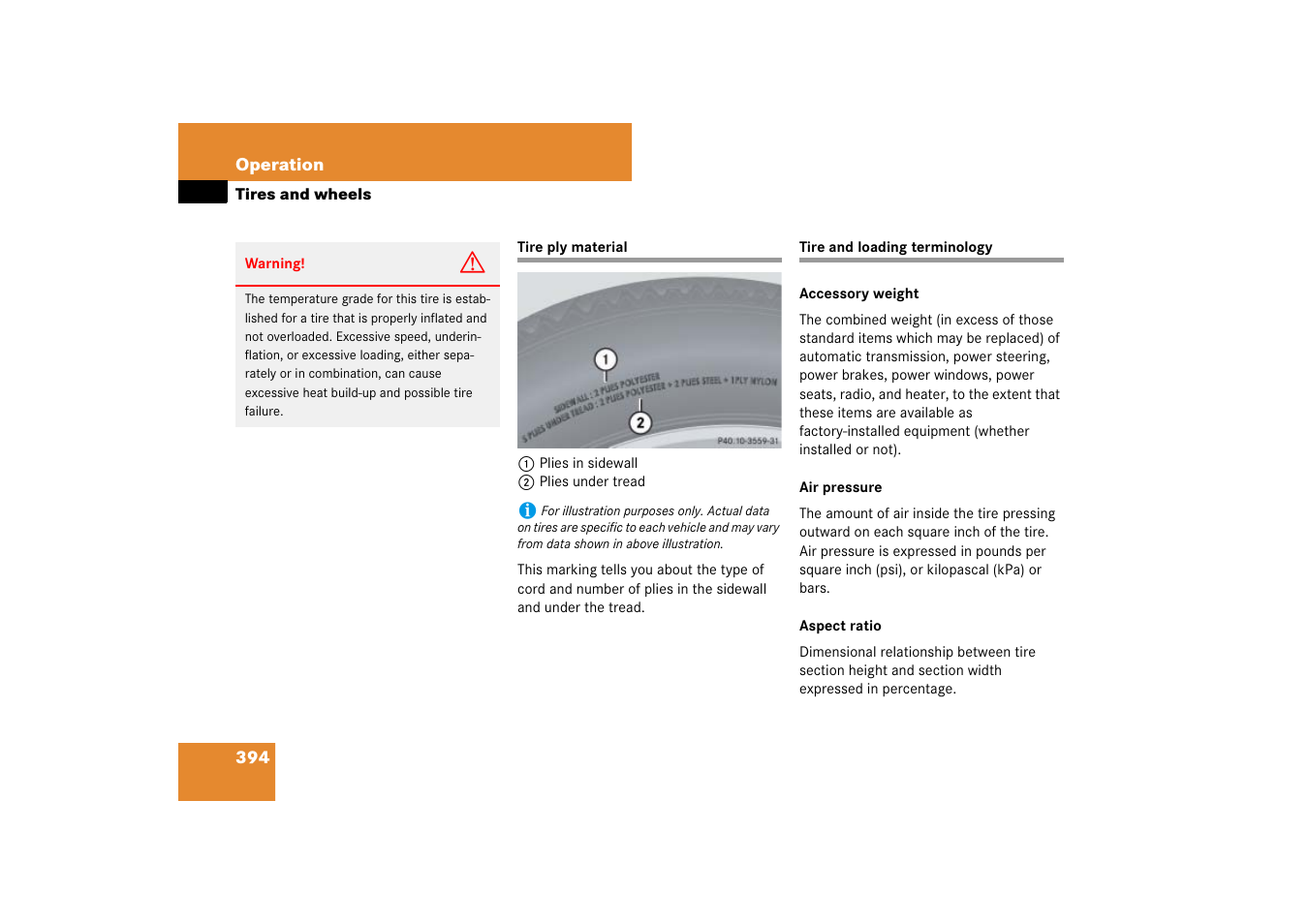 Tire ply material, Tires:terminology, Tire ply material tire and loading terminology | Rial | Mercedes-Benz M-Class 2007 Owners Manual User Manual | Page 395 / 585