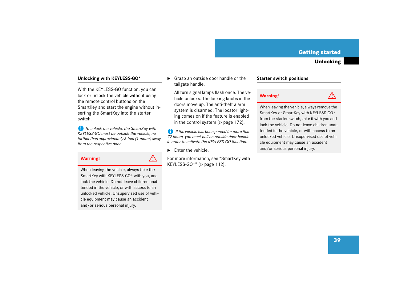 Key, smartkey with keyless-go*:locking/unlocking, Starter switch positions | Mercedes-Benz M-Class 2007 Owners Manual User Manual | Page 40 / 585