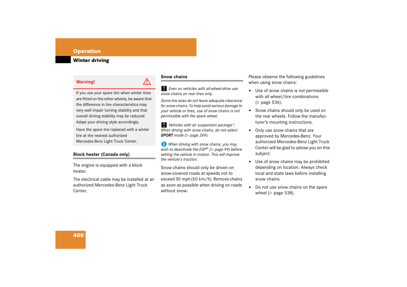 Engine:block heater (canada only), Snow chains, Block heater (canada only) snow chains | See “snow chains | Mercedes-Benz M-Class 2007 Owners Manual User Manual | Page 401 / 585