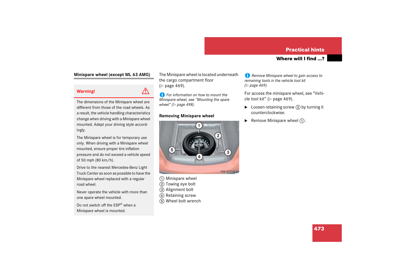 Spare wheel (except ml 63 amg), Minispare wheel (except ml 63 amg) | Mercedes-Benz M-Class 2007 Owners Manual User Manual | Page 474 / 585