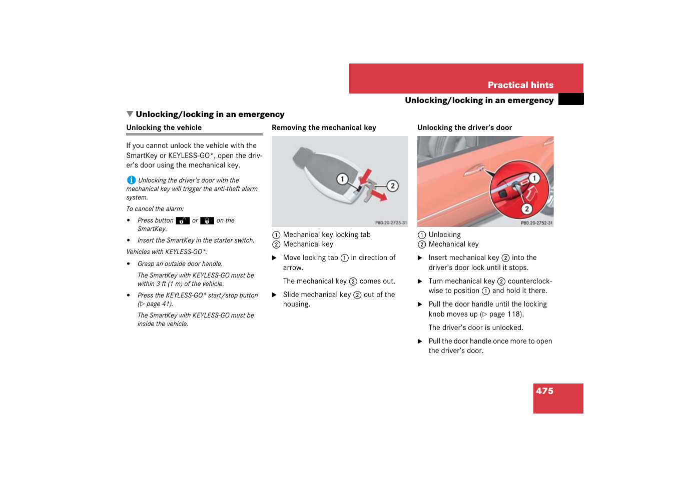 Emergency operation:locking/unlocking the vehicle, Door:unlocking, mechanical key, Unlocking/locking in an emergency | Unlocking the vehicle, See “unlocking the vehicle, S door | Mercedes-Benz M-Class 2007 Owners Manual User Manual | Page 476 / 585