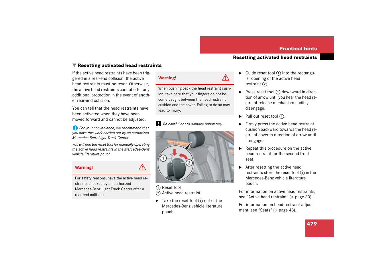 Active head restraint, Resetting activated head restraints, See “resetting acti- vated head restraints | Mercedes-Benz M-Class 2007 Owners Manual User Manual | Page 480 / 585