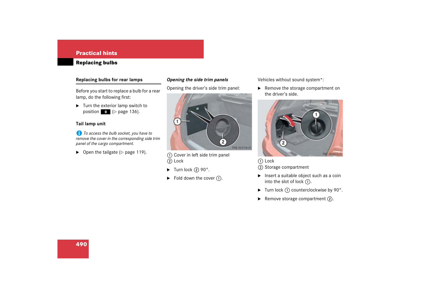 Backup lamps:replacing bulbs, Replacing bulbs for rear lamps | Mercedes-Benz M-Class 2007 Owners Manual User Manual | Page 491 / 585
