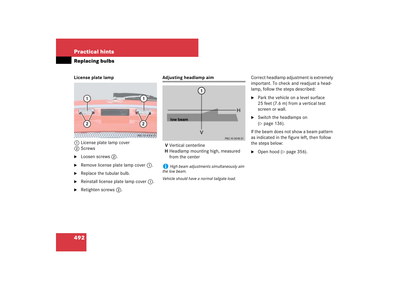 Headlamp aim:adjusting, Adjusting headlamp aim | Mercedes-Benz M-Class 2007 Owners Manual User Manual | Page 493 / 585