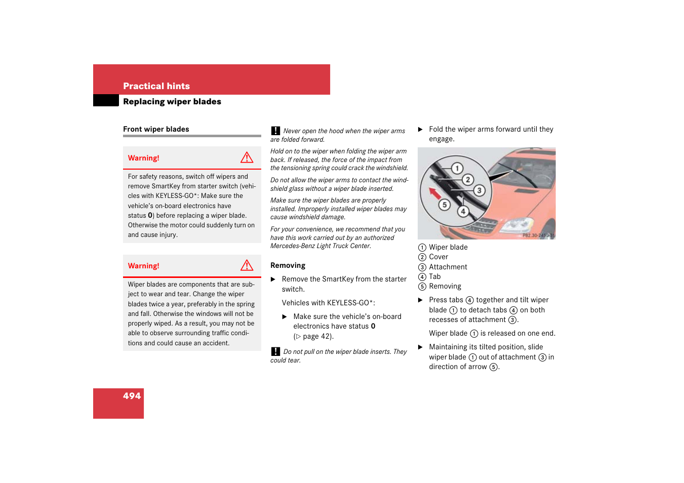 Windshield wipers:replacing wiper blades, Front wiper blades, Replacing wiper blades | Mercedes-Benz M-Class 2007 Owners Manual User Manual | Page 495 / 585