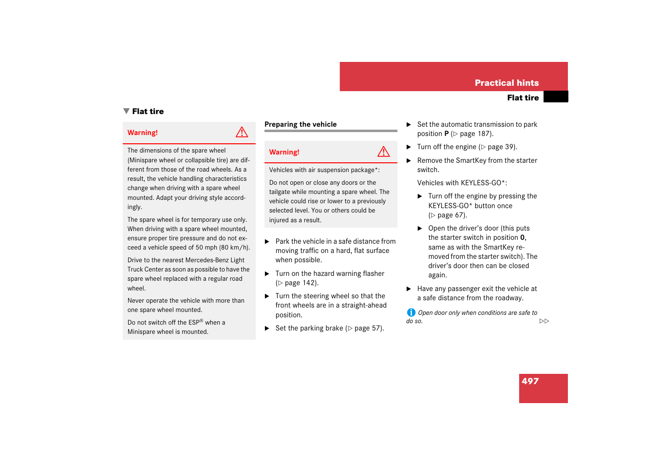 Flat tire, Preparing the vehicle, Necessary, replace the wheel | Mercedes-Benz M-Class 2007 Owners Manual User Manual | Page 498 / 585