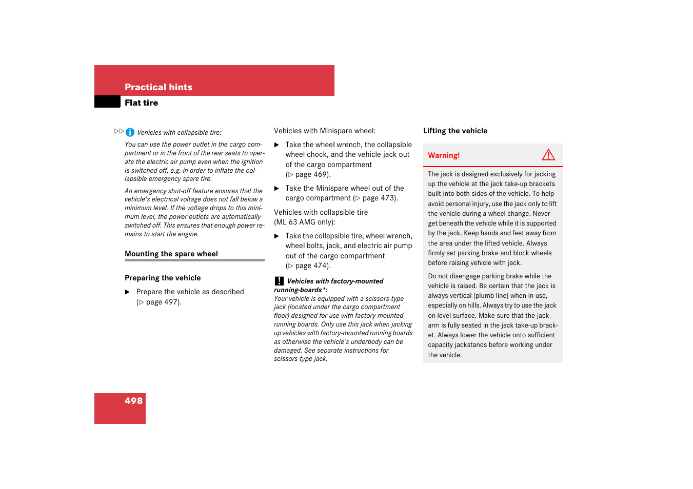 Flat tire:mounting the spare wheel, Mounting the spare wheel, See “mounting the spare wheel | Mercedes-Benz M-Class 2007 Owners Manual User Manual | Page 499 / 585