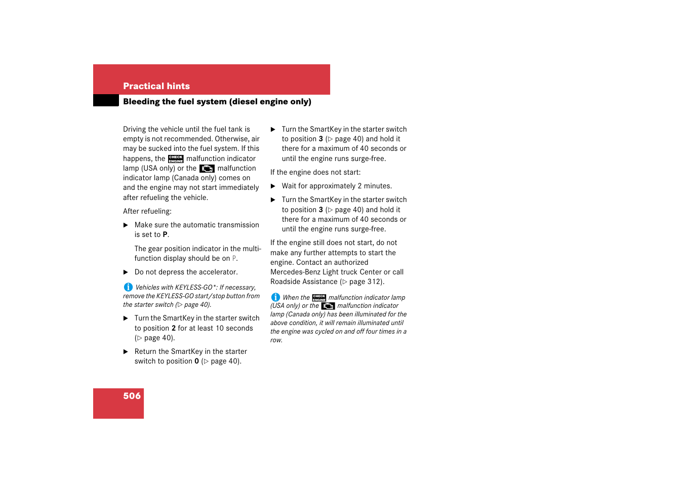 Bleeding the fuel system (dieselengine only), Bleeding the fuel system (diesel engine only) | Mercedes-Benz M-Class 2007 Owners Manual User Manual | Page 507 / 585