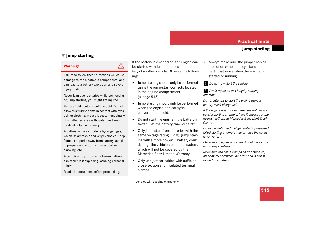Emergency, in case of:battery, jump starting, Jump starting, Mp started | Mercedes-Benz M-Class 2007 Owners Manual User Manual | Page 516 / 585