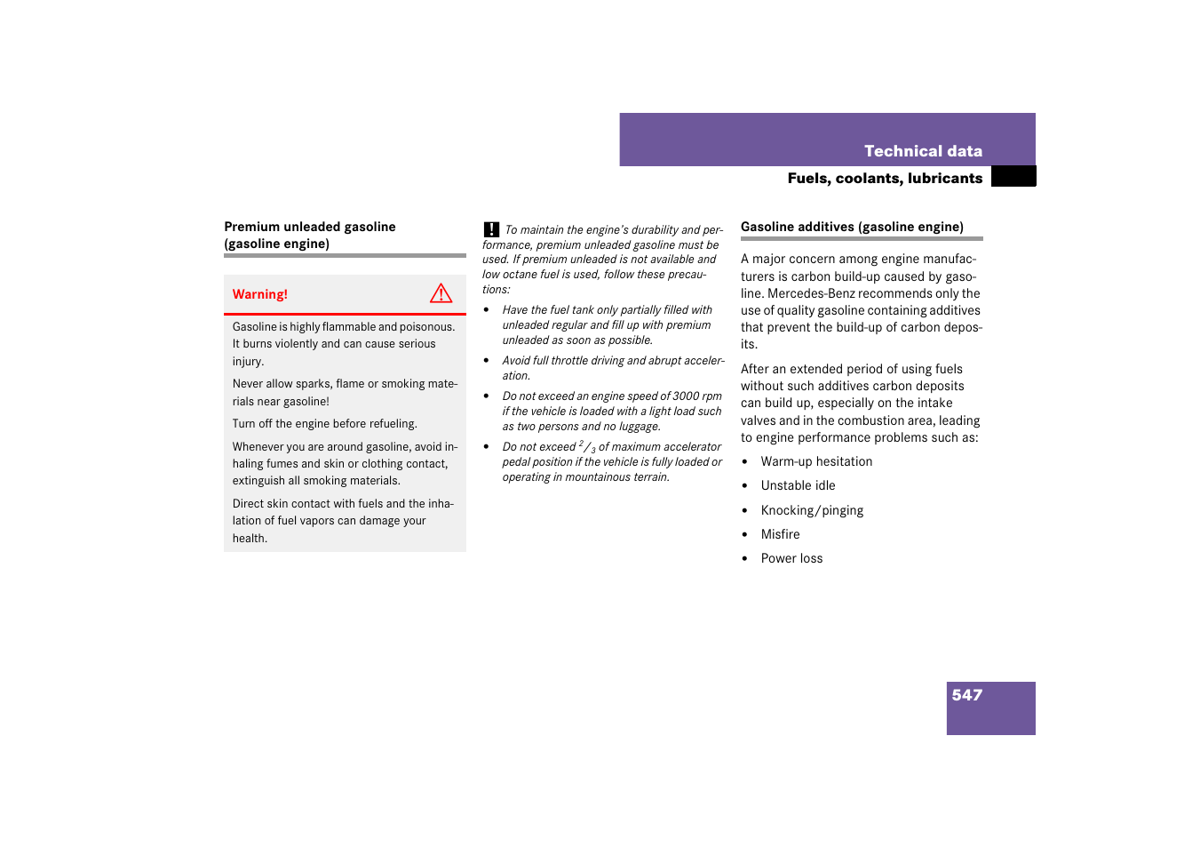 Premium unleaded gasoline, Technical data:gasoline additives, See “premium unleaded gasoline (gasoline engine) | Mercedes-Benz M-Class 2007 Owners Manual User Manual | Page 548 / 585