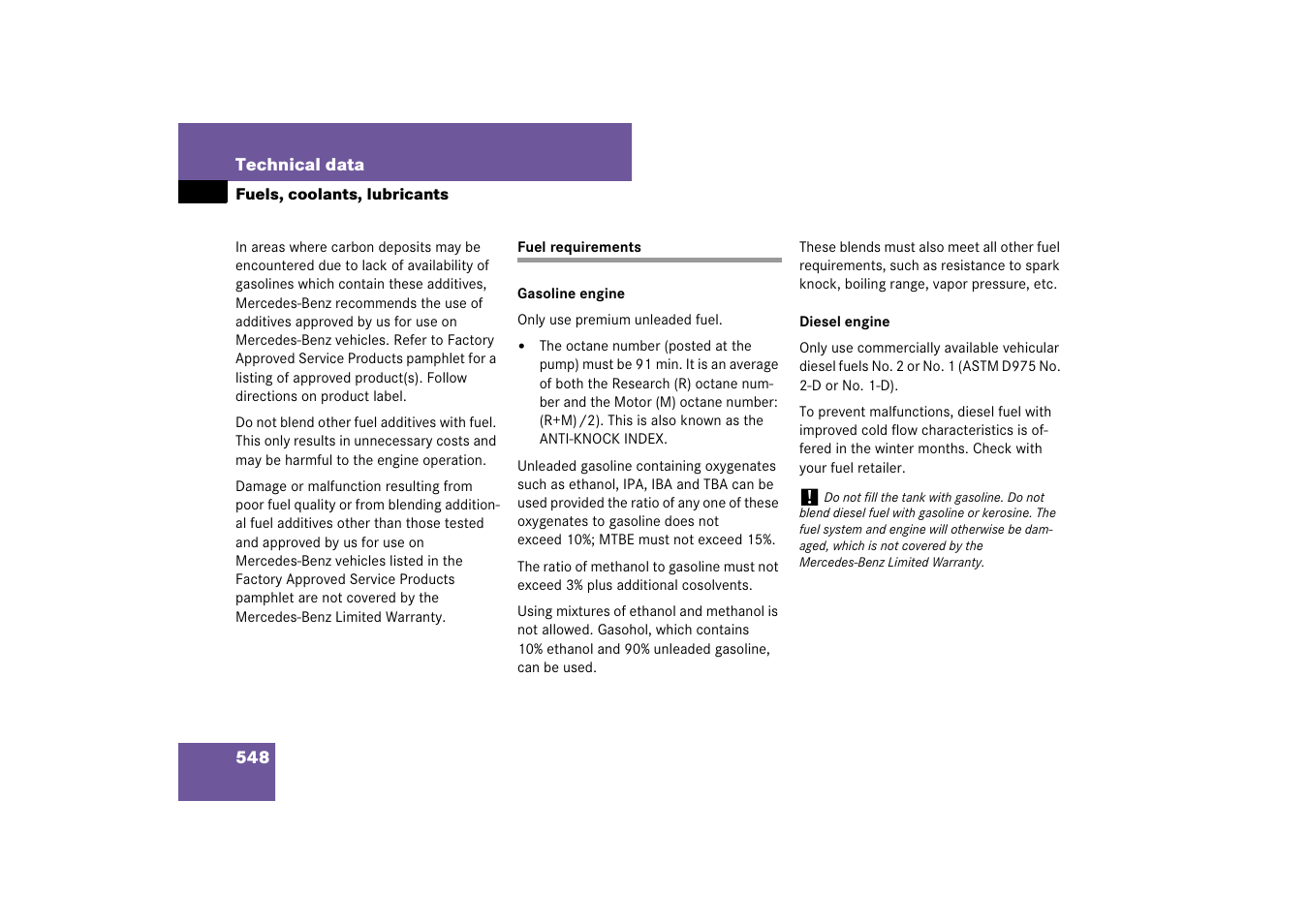Technical data:fuel requirements, Fuel requirements, See “fuel requirements | Mercedes-Benz M-Class 2007 Owners Manual User Manual | Page 549 / 585