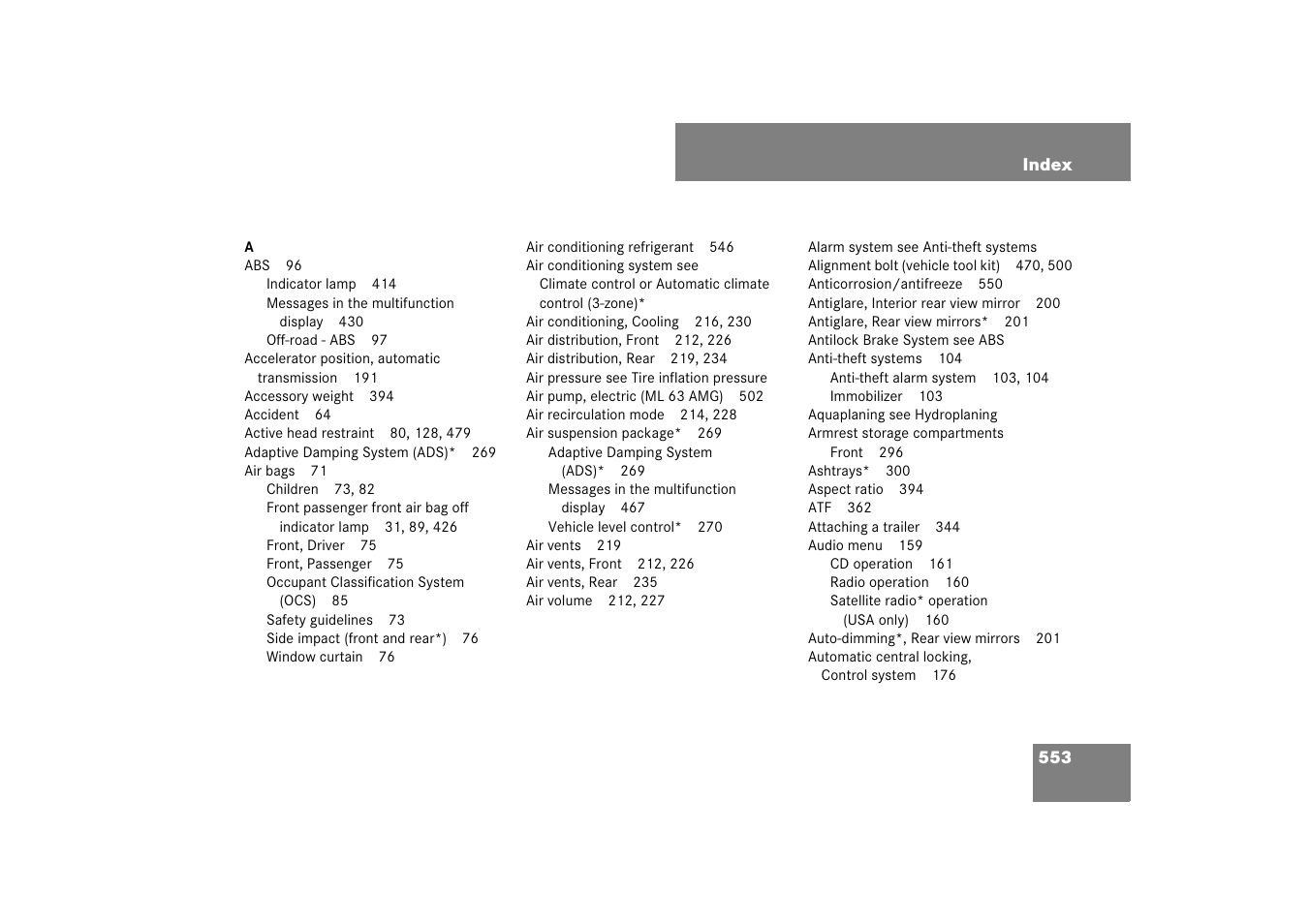 Index | Mercedes-Benz M-Class 2007 Owners Manual User Manual | Page 554 / 585