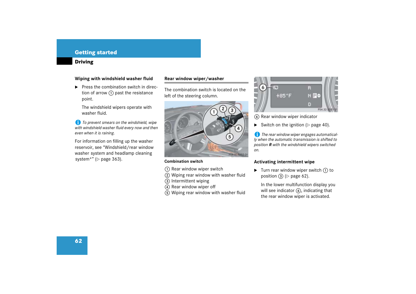 Windshield wipers:rear window wiper/washer, Rear window wiper/washer, Fluid | Mercedes-Benz M-Class 2007 Owners Manual User Manual | Page 63 / 585