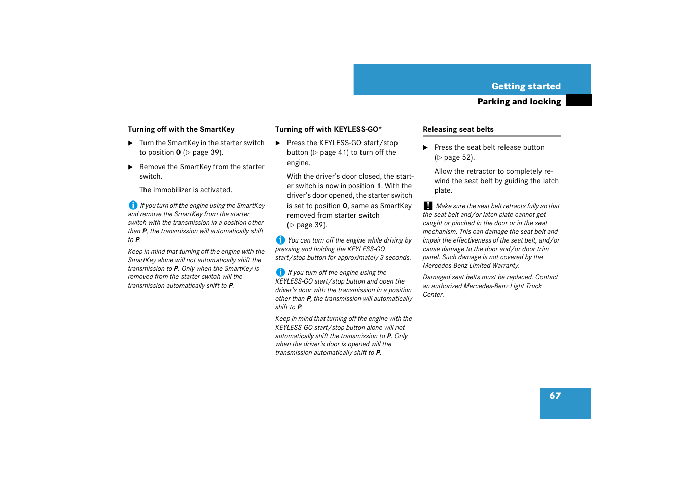 Releasing seat belts, Go, see “turning off with keyless-go | Mercedes-Benz M-Class 2007 Owners Manual User Manual | Page 68 / 585